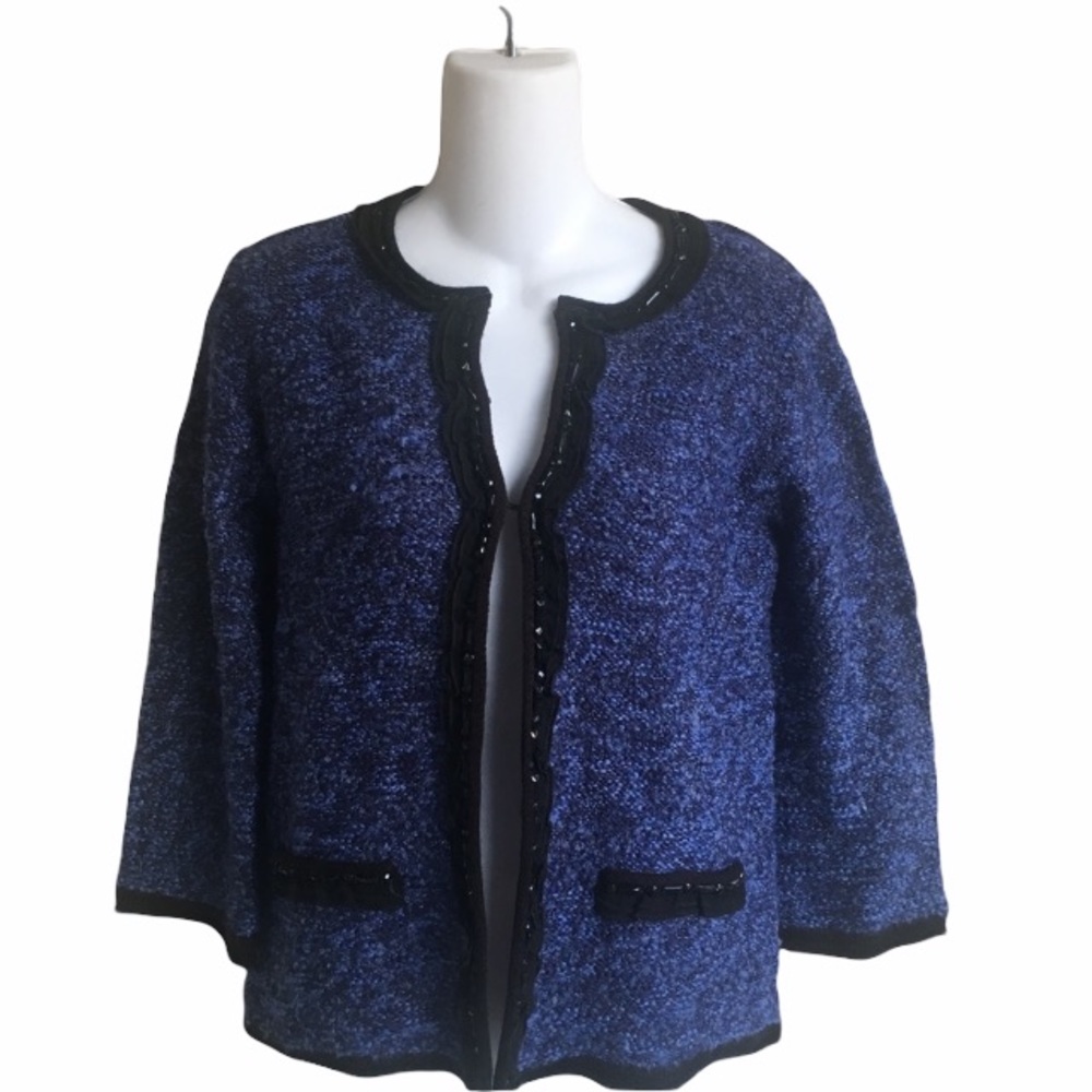 Cardigan Sweater Blue Black Beading Boucle Like 3/4 sleeves Petite NWT Size P/P